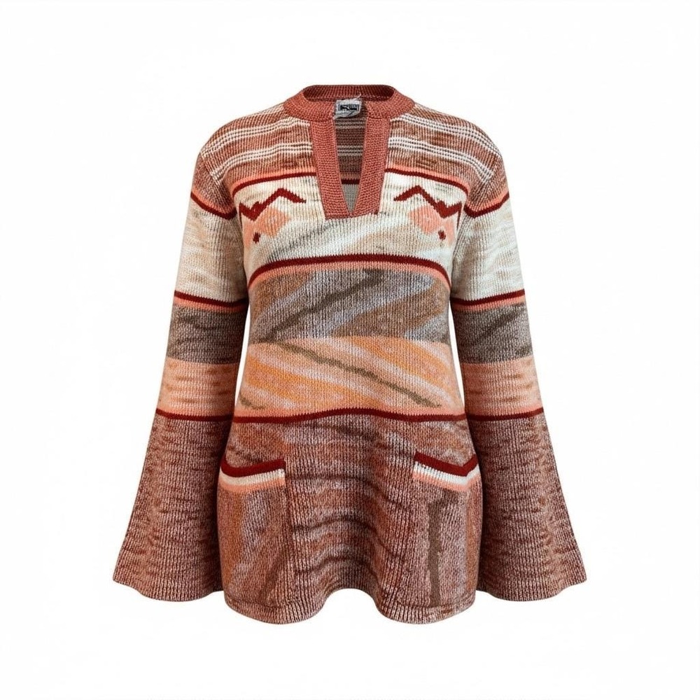 Ades of California Tunic Sweater Women Medium Rust Orange Southwestern 70s